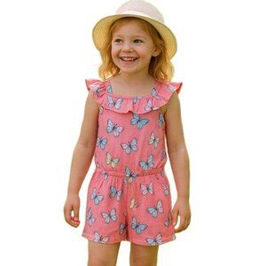 Carters Kid Butterfly Print Romper Sleeveless Flounce Neckline Bow Detail Pink 8